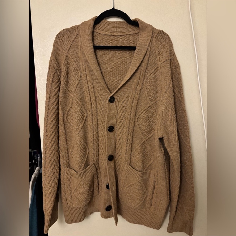 Men's Tan Cable Knit Cardigan Sweater